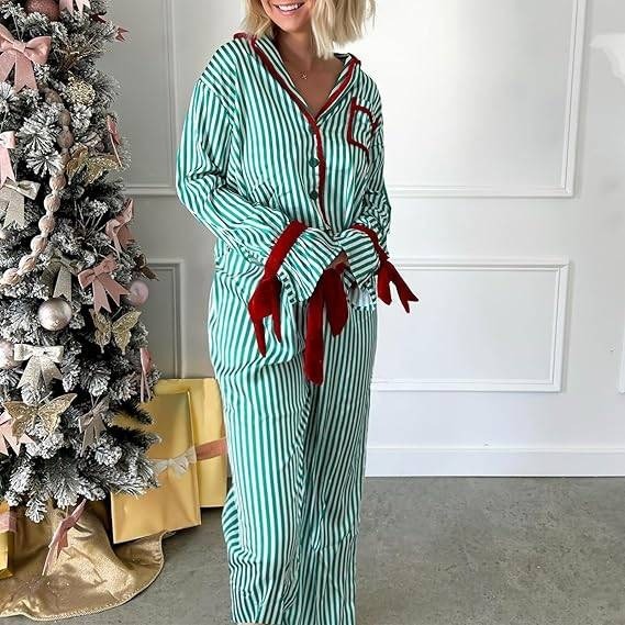 MSRP $39 VFURYGD Women's S Green Stripe Print Two Piece Pajamas Set Long