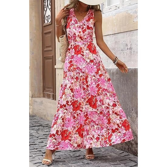 MSRP $54 BTFBM Women's Rose Red Flower L Summer Maxi Dress V-Neck Wedding Gu