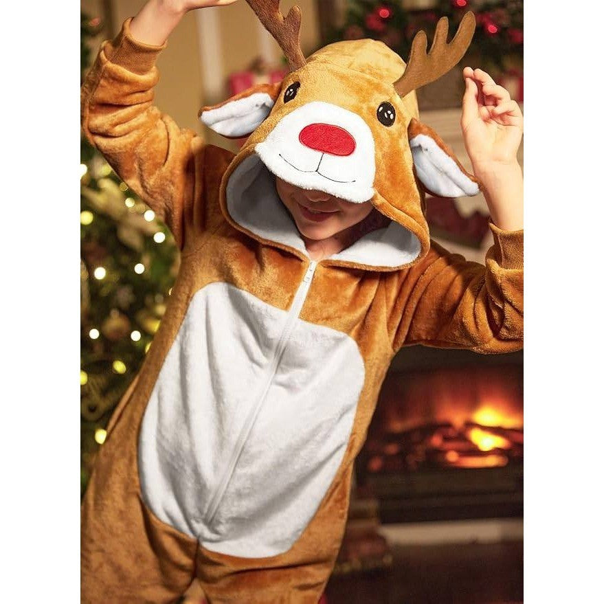 IIMMER Kids 11-12Y Christmas Costume Brown Reindeer Flannel Hooded Jumpsuit