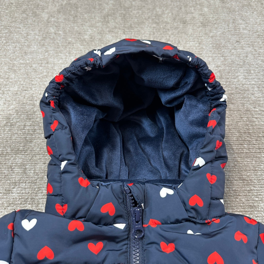 Amazon Essentials x Sofia Grainge Girls 12M Navy Hearts Hooded Puffer Jacket