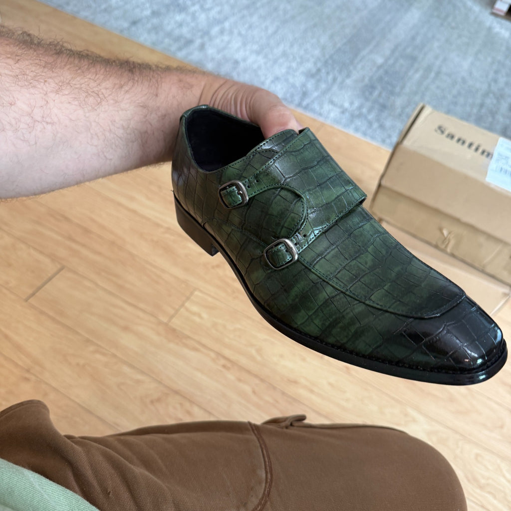 Santimon Men's US 7.5-8 Green Leather Double Monk Strap Slip on Loafer Shoes