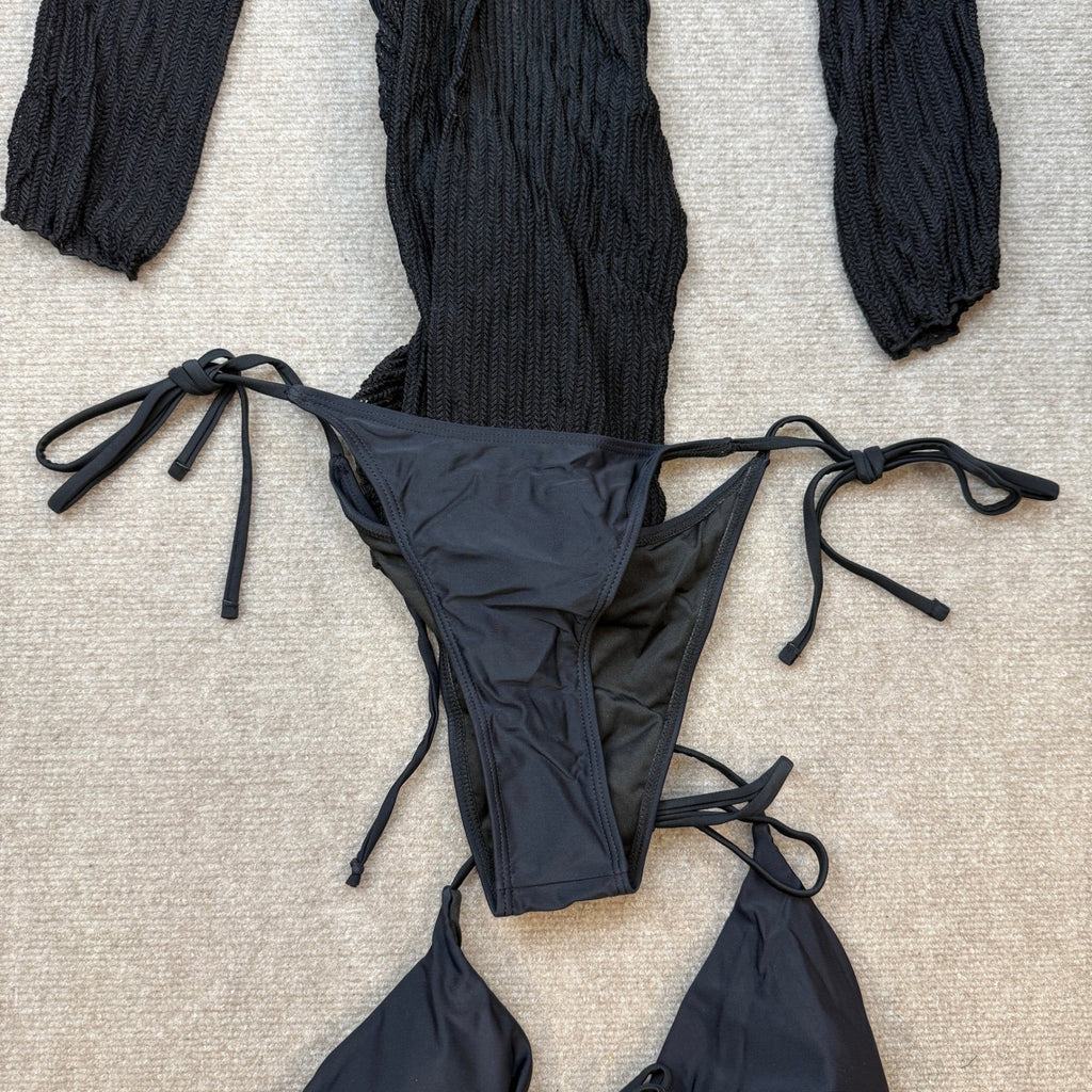 MSRP $44 Lilosy 3 Piece Women's S Black Bikini Sexy O Ring Cutout Long Sleeve