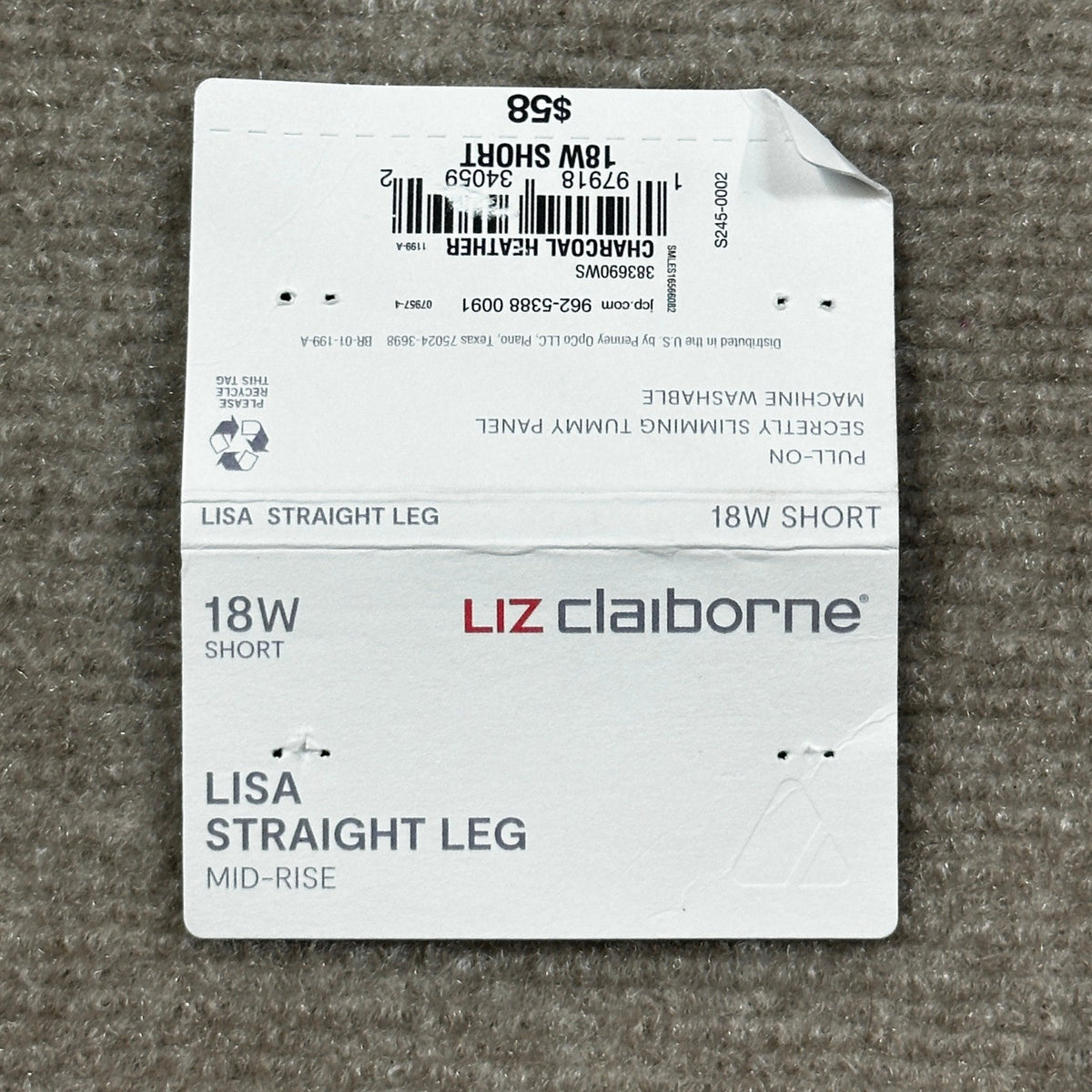 MSRP $58 Liz Claiborne Lisa Womens 18W Short Charcoal Heather Pull-On Pants