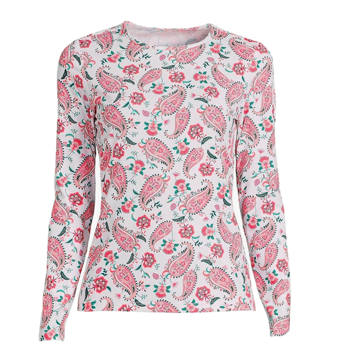 Lands' End Women's M-1X LONG Long Sleeve Rash Guard Swim Tee White Multi Paisley