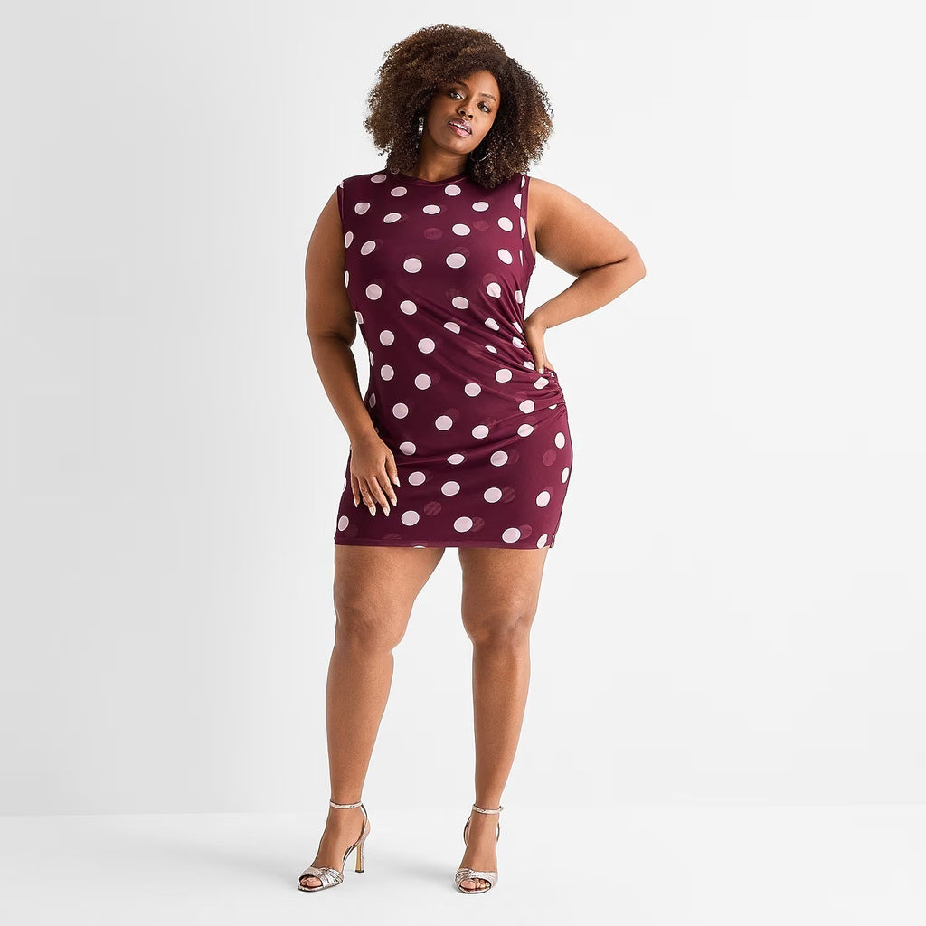 MSRP $90 Ashley Graham Womens 1X Zinfandel Dot  Bodycon Dress Sleeveless Crew