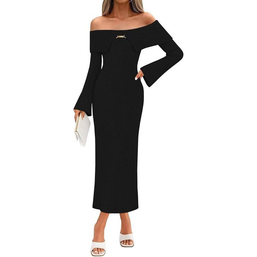 MSRP $50 Saodimallsu Women's S Black Off The Shoulder Maxi Sweater Dress Long