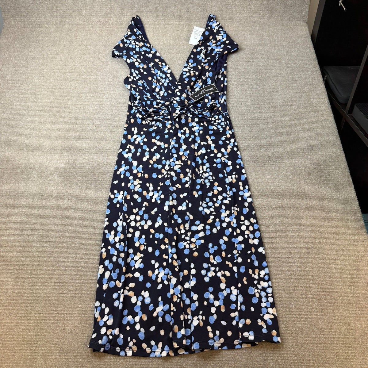 MSRP $84 Jessica Howard Womens 14 Petite Navy Multi V Neck Midi Dress Sleeveless