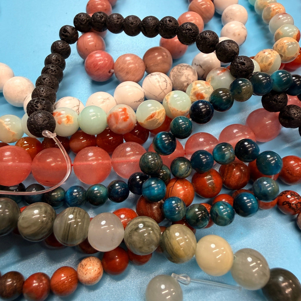 Set of 10 Natural Gemstone Round Beads Strands 15" Sizes 6,8,10 mm 15oz №B15
