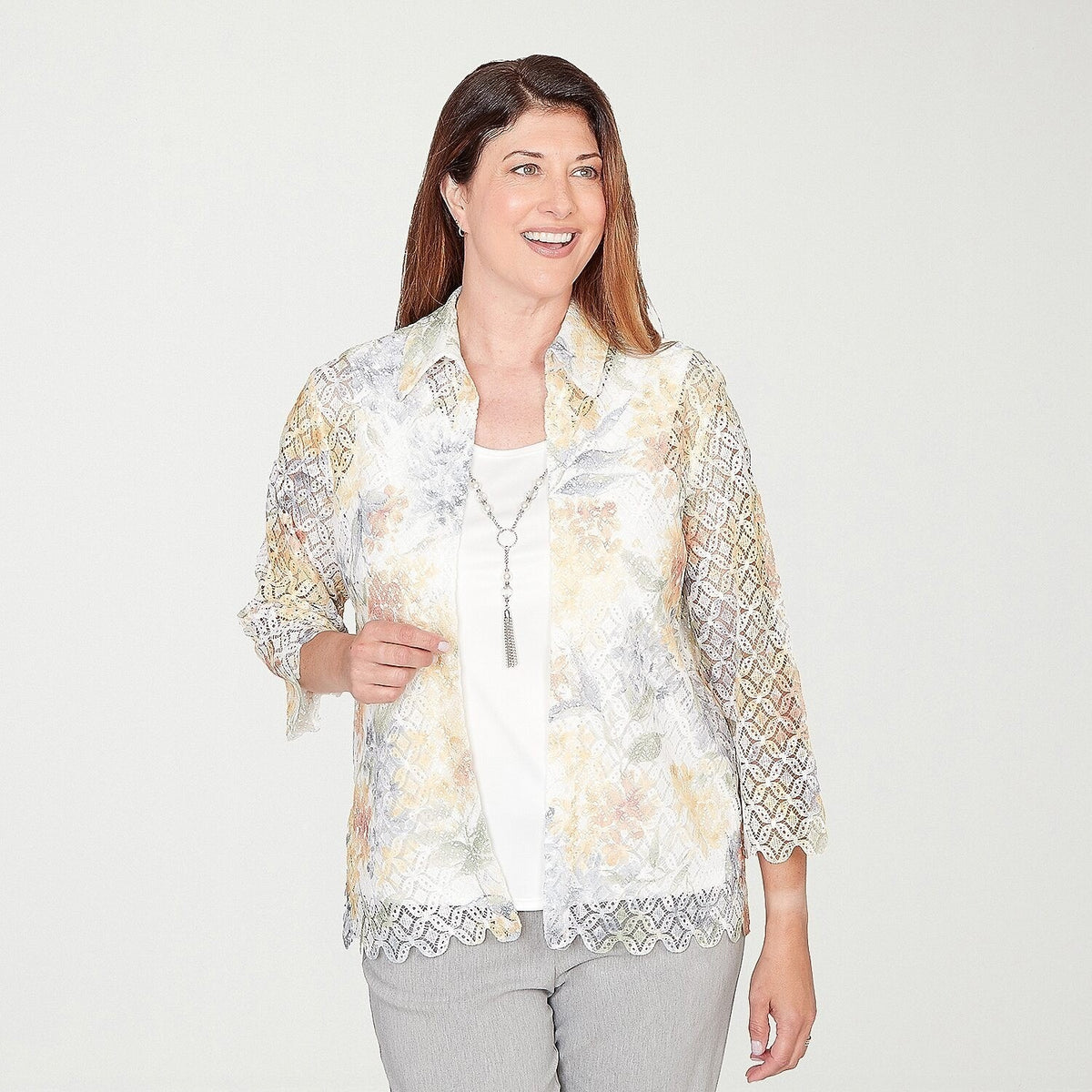 MSRP $69 Alfred Dunner Al Fresco Womens L Yellow Multi 3/4 Sleeve Layered Top