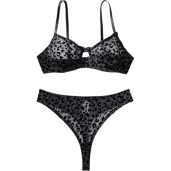 MSRP $23 Lilosy Leopard Black XS Sexy Mesh Sheer Underwire Push Up Lingerie Set