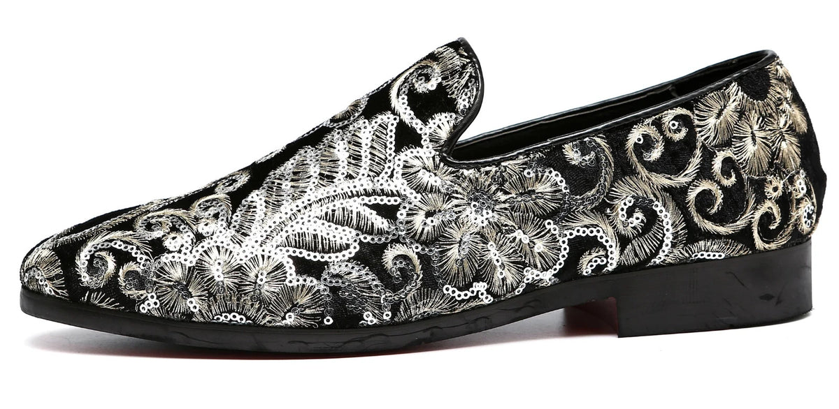 Santimon Men's US 9.5, 12 Black Velvet Gold Stitching Sequins Loafers Shoes