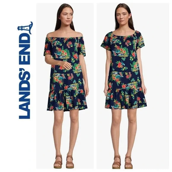 Lands' End Women's L LONG Off the Shoulder Ruffle Hem Swim Cover-up Dress Navy F