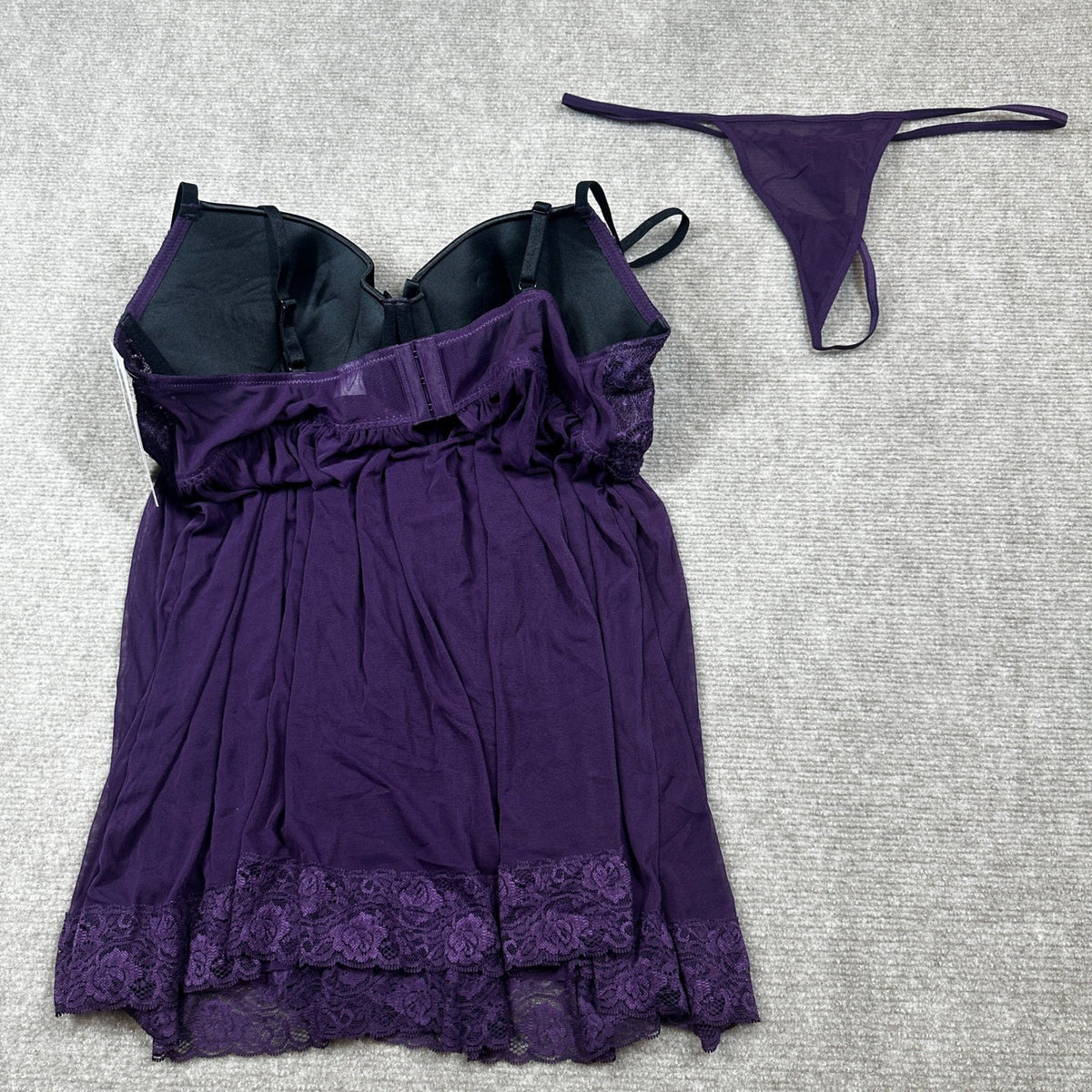 NWT Dreamgirl 11020X Womens 1X Plum Stretch Mesh and Lace Babydoll w/ G-String