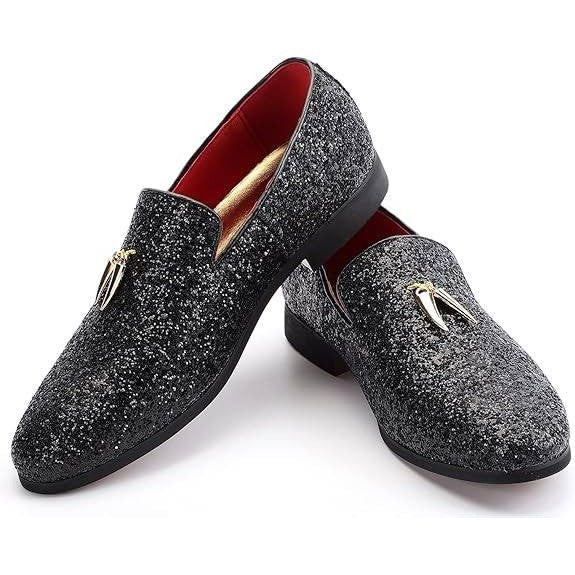 Santimon Mens US 6 Black Metal Tassels Glitter Sequin Slip On Loafers Shoes