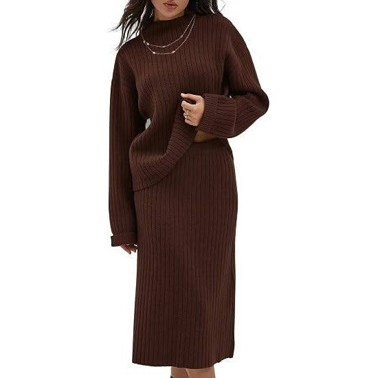 MSRP $52 CHYRII Womens L Coffee 2 Piece Outfit Oversized Sweater Top & Skirt S