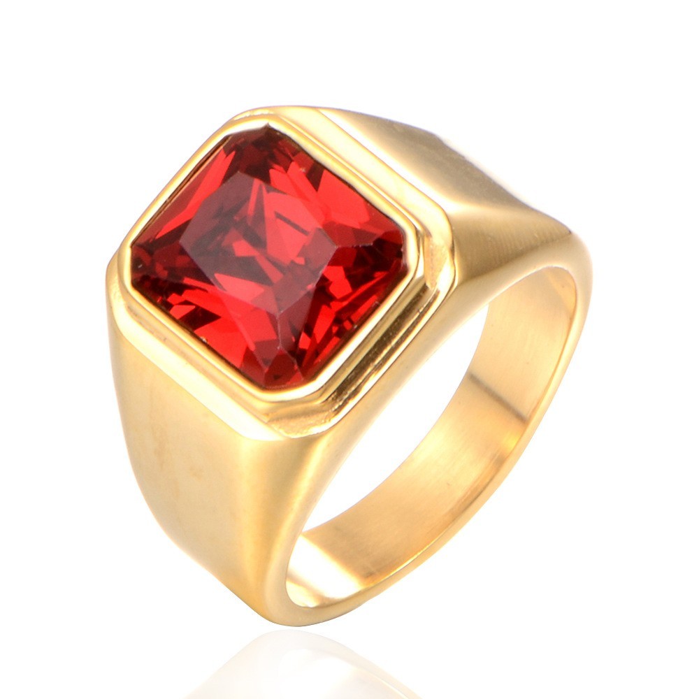 Men's Gold Tone Red CZ Square Stone Ring Stainless Steel Statement Size 8-12