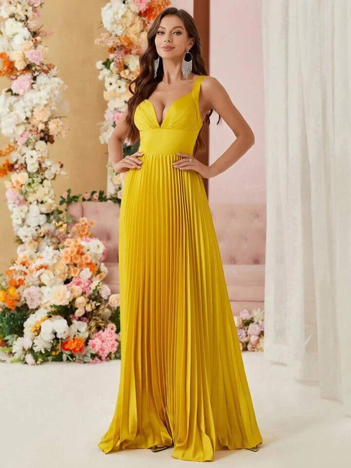 SHEIN Belle Elegant Pleated Eye-Catching Yellow Women's Sz M 6 Evening Cami Dres