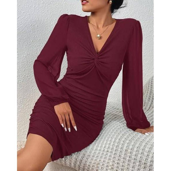 MSRP $38 Fisoew Women's XL Burgundy V Neck Party Dress Slim Fitted Long Sleeve