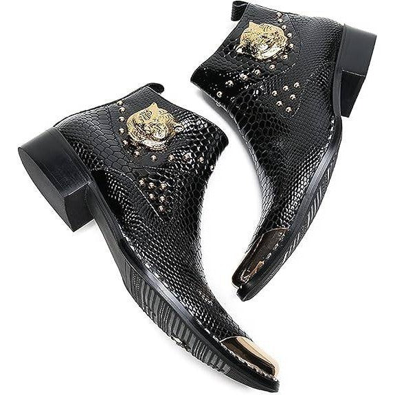 Santimon Mens US 6.5 Black Textured Leather Western Metal Tip Zipper Ankle Boots