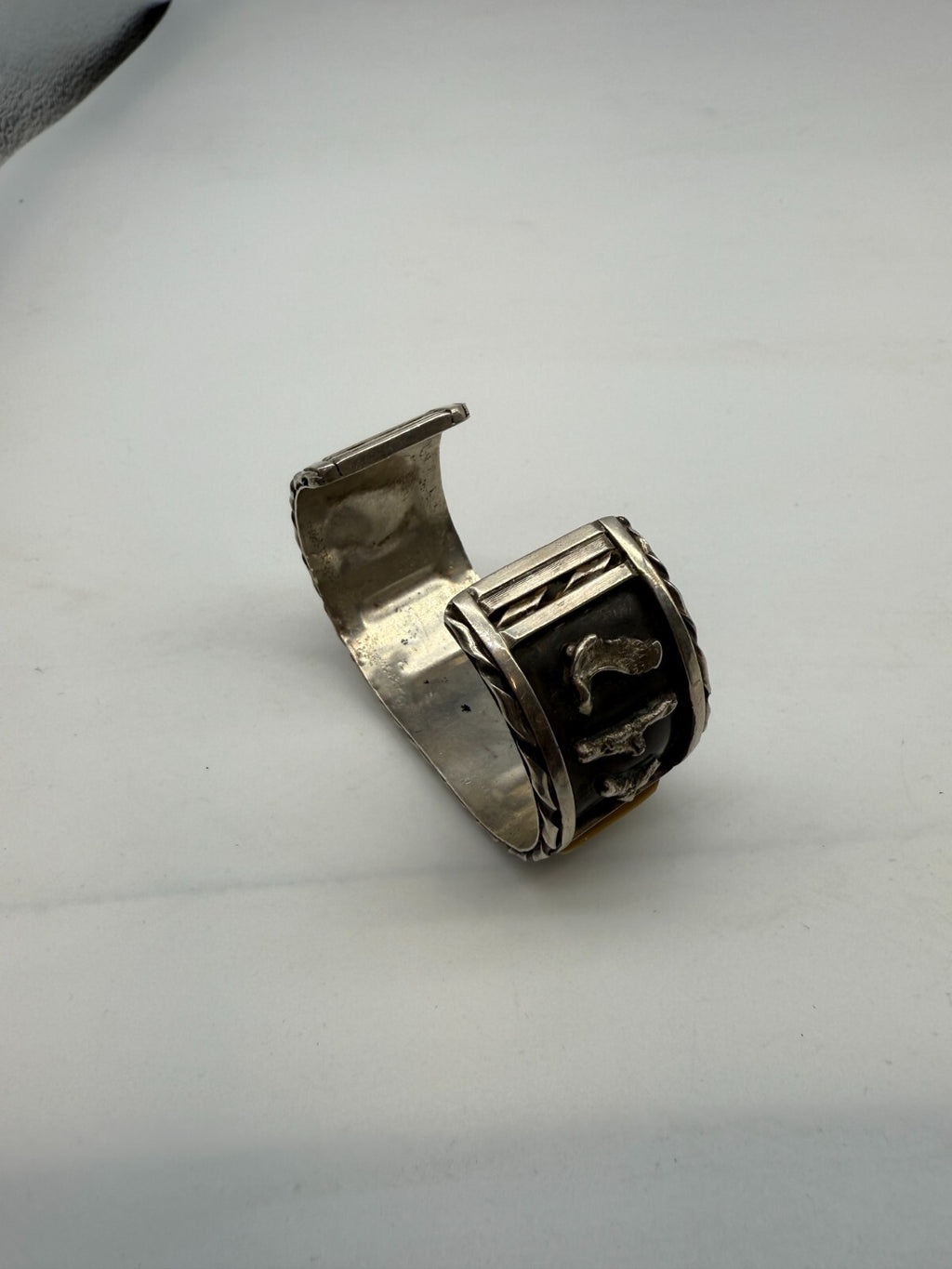 Vintage Navajo Sterling Silver Mother Of Pearl MOP Turquoise Inlay Cuff Bracelet