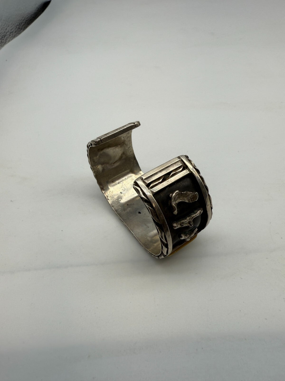 Vintage Navajo Sterling Silver Mother Of Pearl MOP Turquoise Inlay Cuff Bracelet