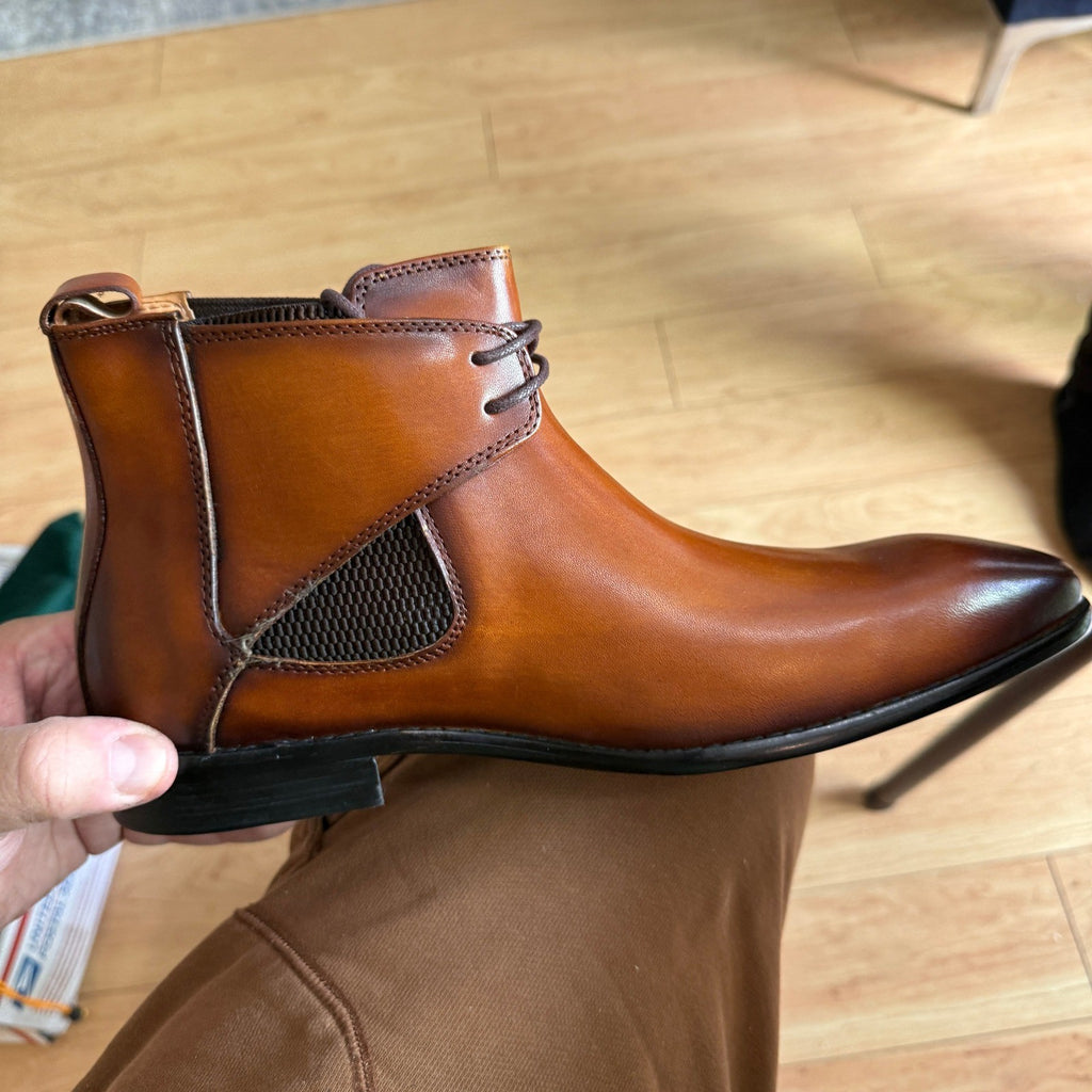 Santimon Men's US 7 Brown Leather Pointed Toe Lace up Chelsea Dress Chukka Boots