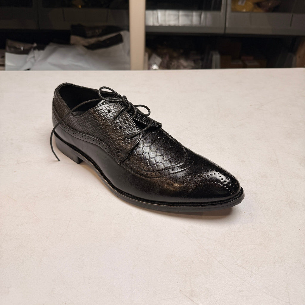 Santimon Men's US 9.5 Black Derby Crocodile Pattern Pointed Toe Brogue Shoes