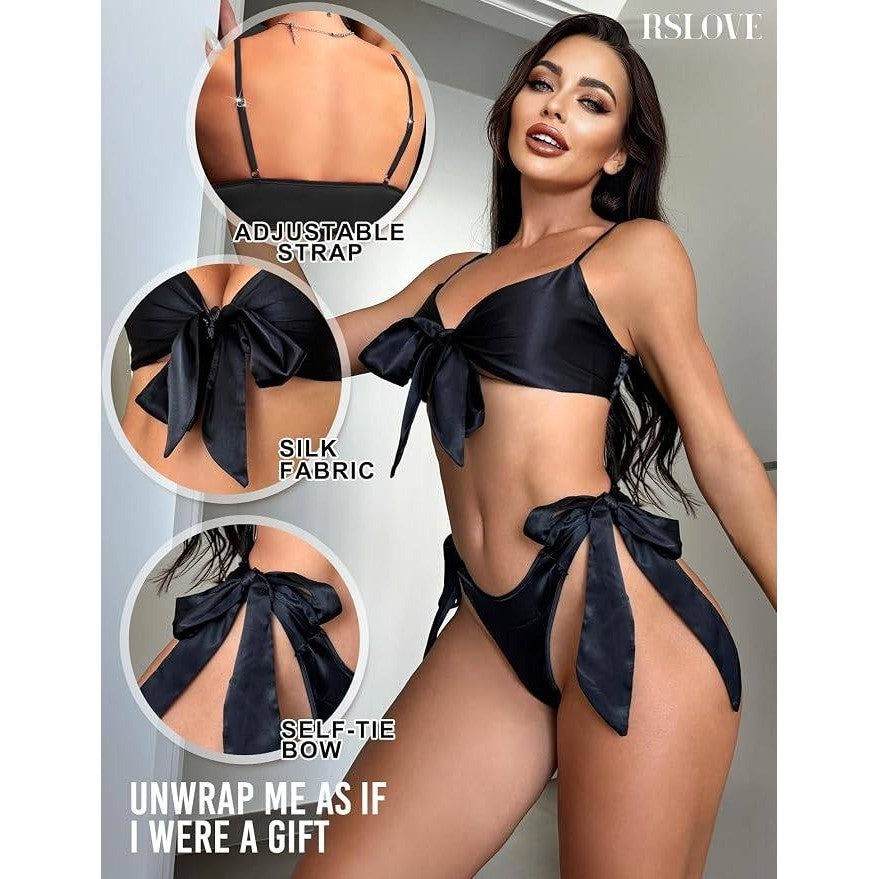 MSRP $36 RSLOVE Women's L Black Sexy Lingerie Set Satin Bow Tie 2 Piece Bra