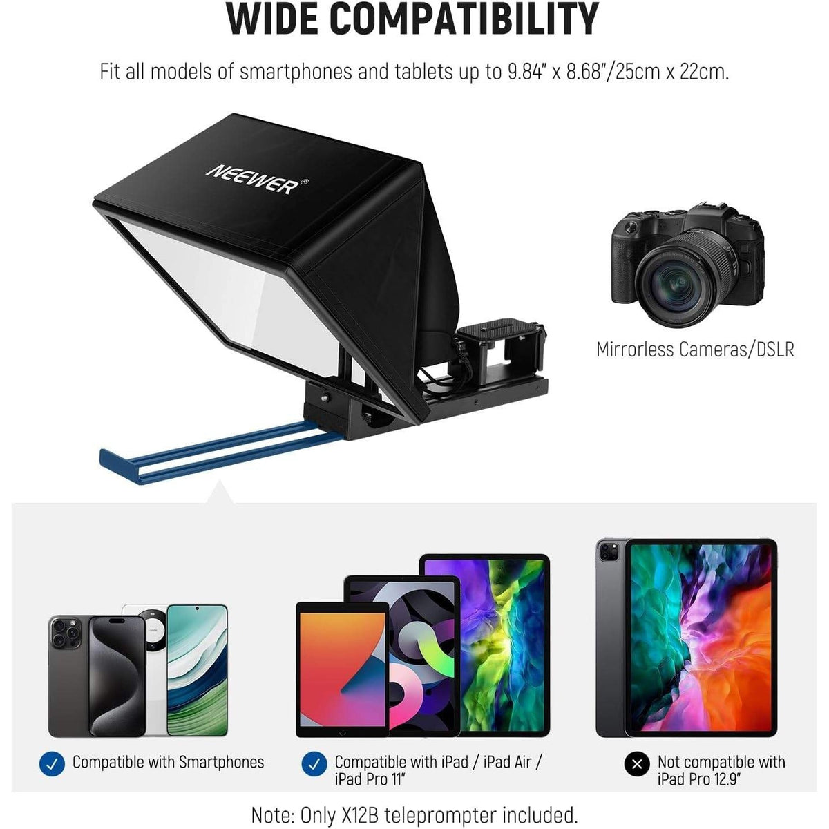 NEEWER Basics X12B Aluminum Alloy Teleprompter 12" for Tablet DSLR Camera Comp