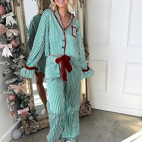 MSRP $39 VFURYGD Women's S Green Stripe Print Two Piece Pajamas Set Long