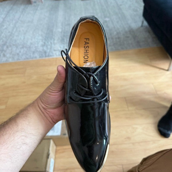Santimon Men's US 8 Black Patent Leather Lace Up Pointed Toe Oxford Shoes
