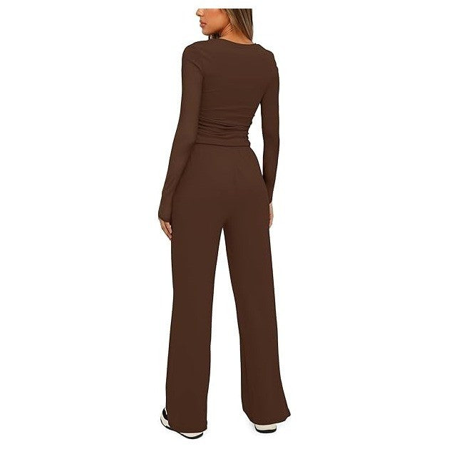 MSRP $49 Darong Women's XS Coffee 2 Piece Outfits Lounge Sets Long Sleeve Tops