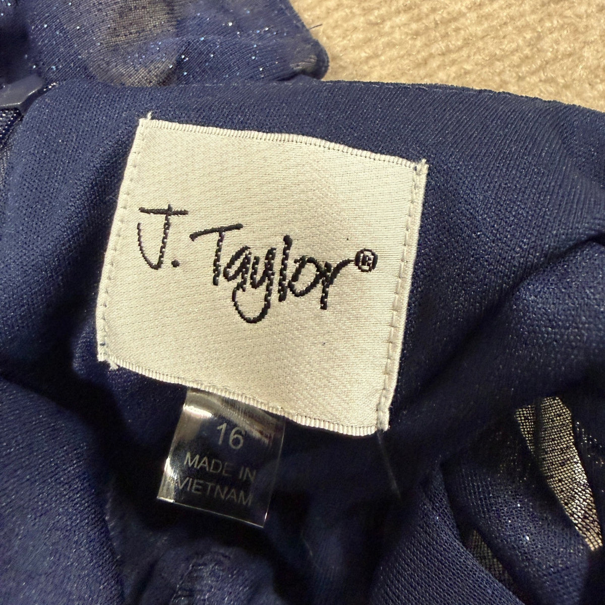 MSRP $100 J Taylor Womens 16 Navy Chiffon Glitter Short Sleeve Fit + Flare Dress