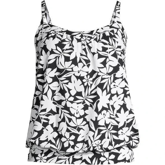 Lands' End Women's 2-4 LONG Blouson Tankini Swim Top White/Black Havana Floral S
