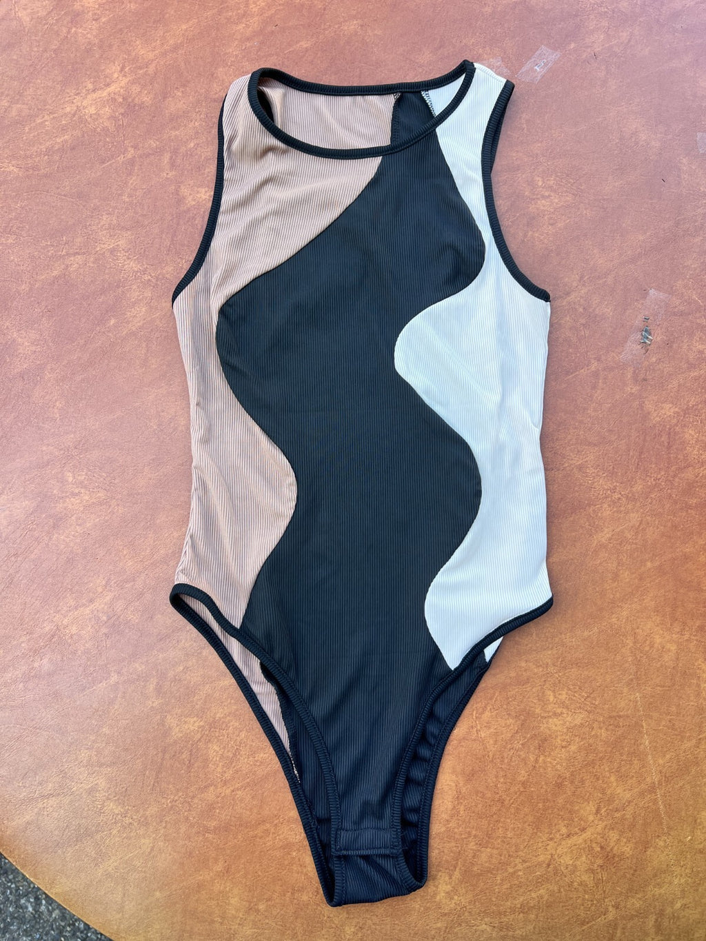 Size M Women's Black Brown White Tank Bodysuit Color Block Scoop Neck Sleeveless