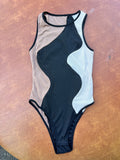 Size M Women's Black Brown White Tank Bodysuit Color Block Scoop Neck Sleeveless