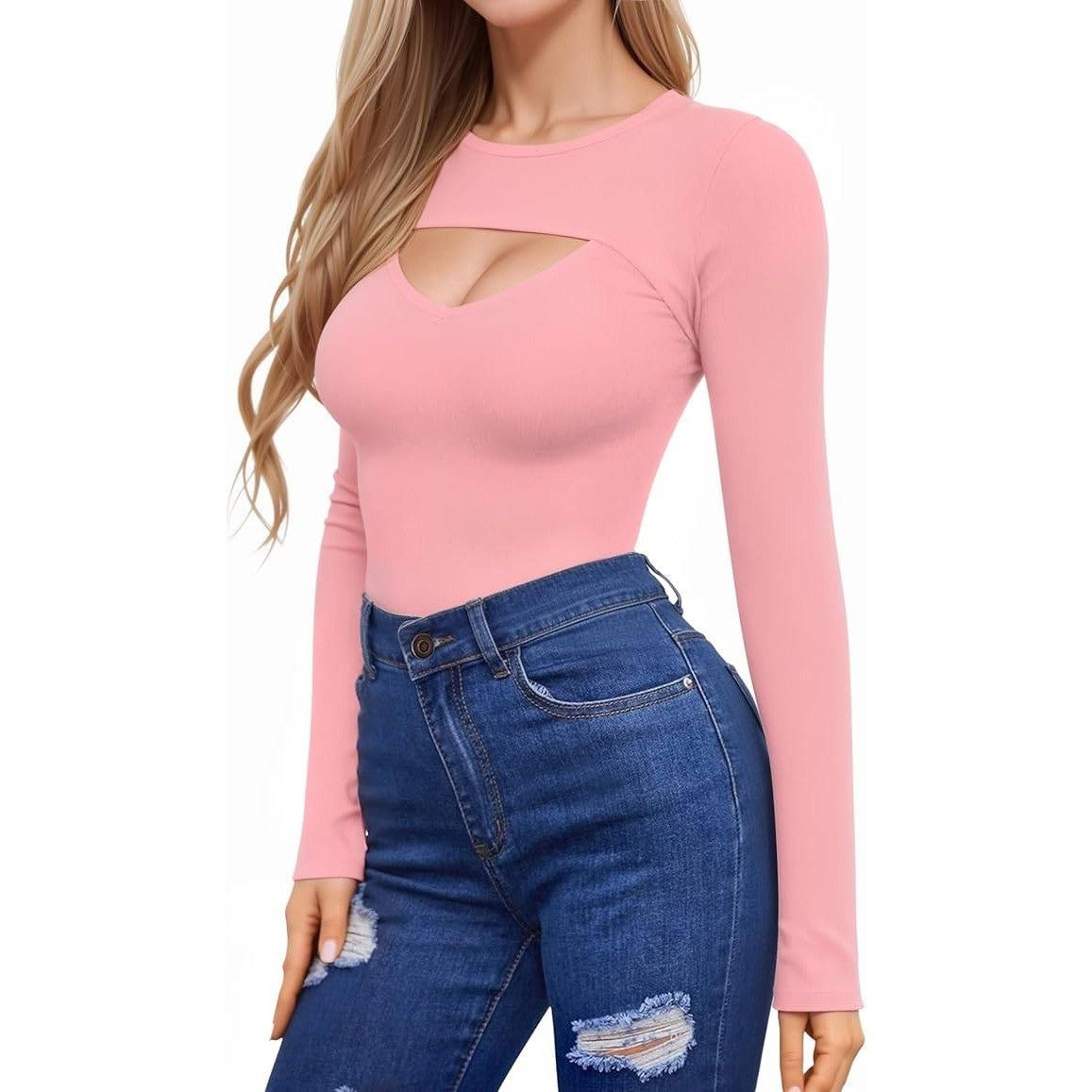 Women's L Long Sleeve Top Cut Out Front Ribbed Fitted Sexy Casual Dressy Tee T-