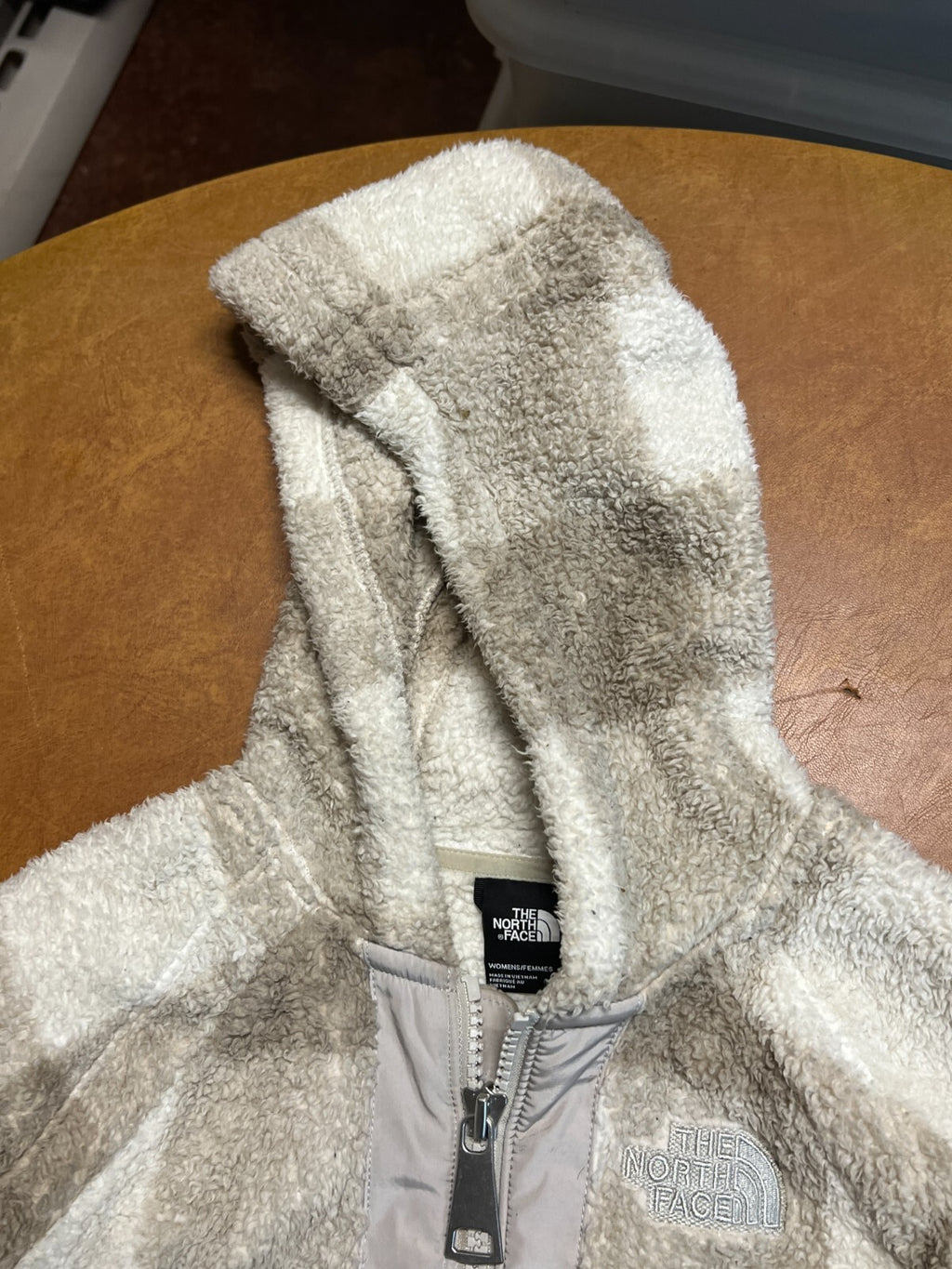 The North Face Women's XS Tan Plaid Full Zipper Hooded Sherpa Fleece Jacket #241