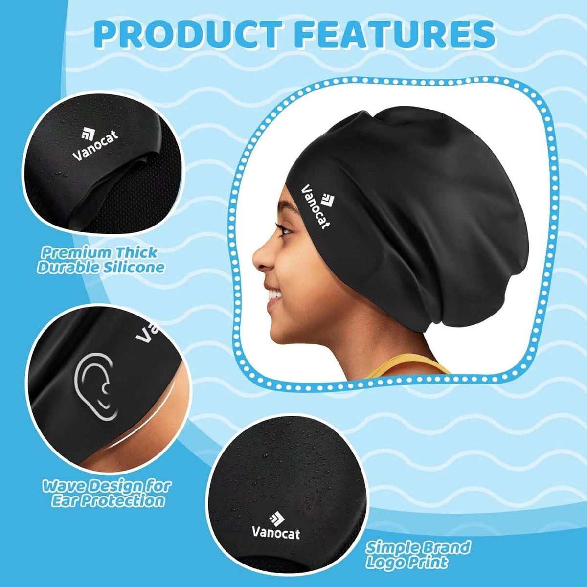 Kids Extra Large Swim Cap for Long Hair, Waterproof Silicone Swimming Caps for
