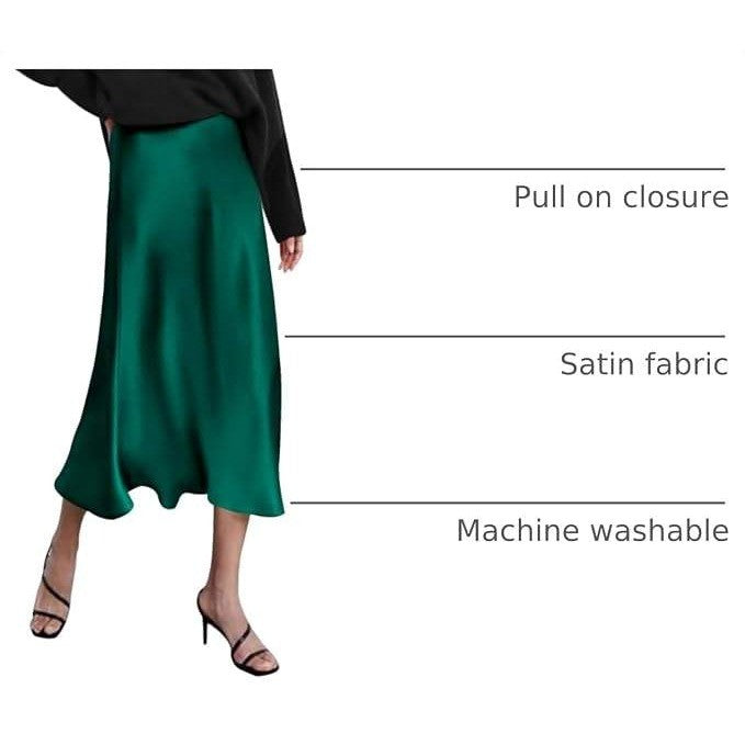 MSRP $39 Zeagoo Women's M Green Satin High Waist Elegant Midi Skirt Flowy