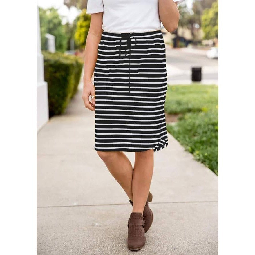 Women's L Black Striped Skirt Knee Length Pencil Skirt Elastic Midi Bodycon Sol