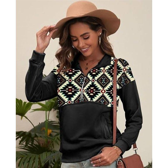 Women's Black L Casual Aztec Geometric Half Zip Sweatshirt Long Sleeve Collar