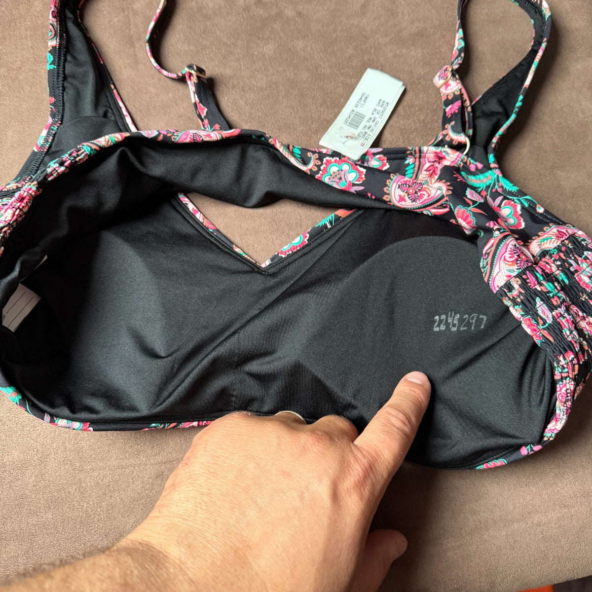 Lands' End Women's L, L LONG Black Paisley V Neck Smocked Bikini Top UPF50 This