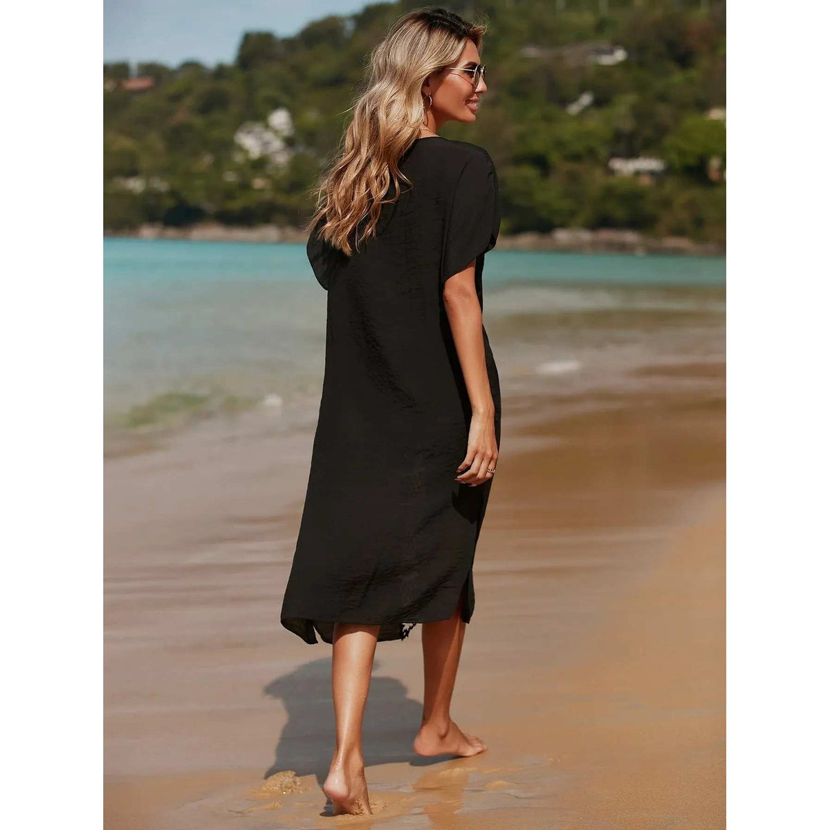 Women's Black One Size Swim Summer Cover-Up Dress w/ Floral Crochet
