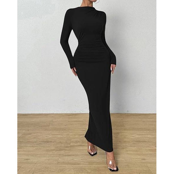 MSRP $64 BTFBM Women's S Black Bodycon Maxi Dress Long Sleeve Back Slit Ruched
