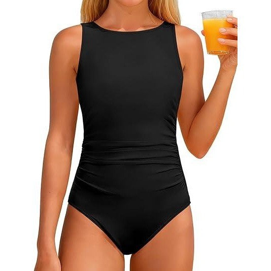 MSRP $26 CRISONE Girls 9-10Y Black One Piece Swimsuit High Neck Girls Bathing S