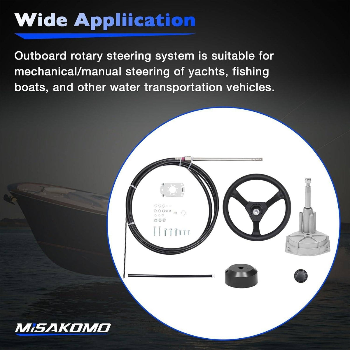 Misakomo 12 FT Boat Steering Cable Outboard Rotary System Kit with 12.5" Wheel