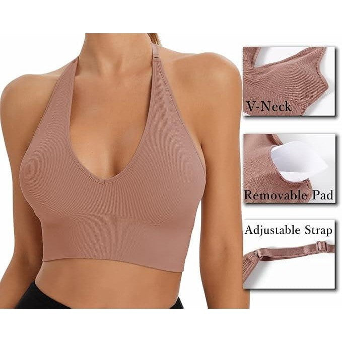 MSRP $32 INIBUD 2 Pack Women's L Halter Bra Longline Sports Bra Wireless Seam