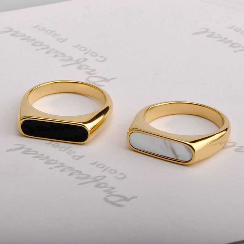 Mother Of Pearl Signet Ring Titanium Steel Gold Tone Unisex Jewelry Size 6-9