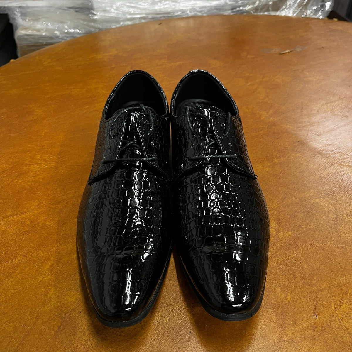 Santimon Men's US 8 - 12.5 Black Oxfords Alligator Patent Leather Dress Shoes